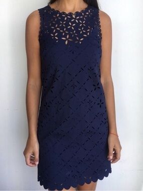 J. Crew Navy Blue floral Shift Laser-Cut Sleeveless Dress. Size 10